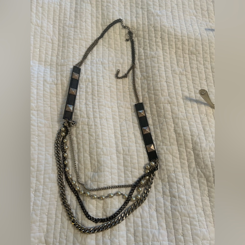 80’s vintage retro costume necklace leather studs pearls
